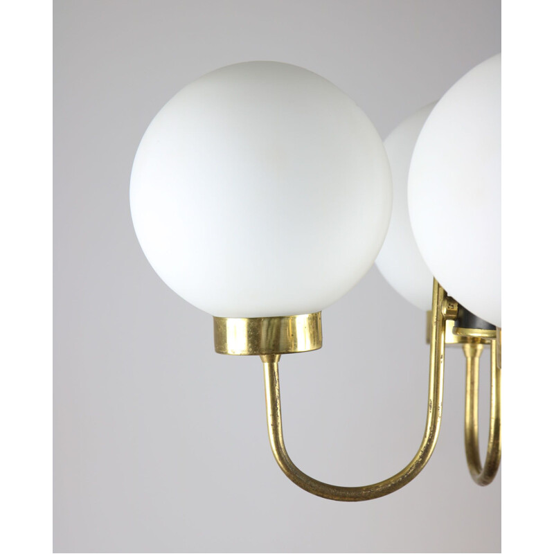 Mid-century brass and opaline glass chandelier