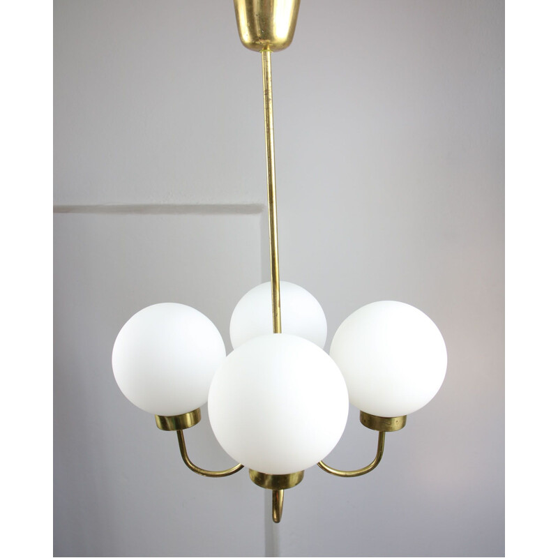 Mid-century brass and opaline glass chandelier