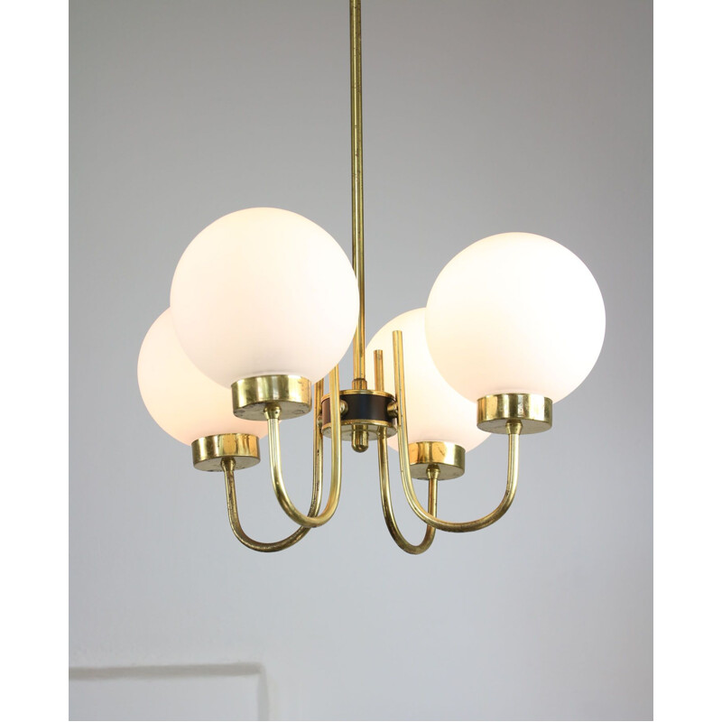 Mid-century brass and opaline glass chandelier