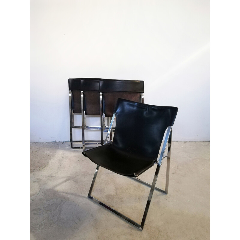Ensemble de 4 chaises vintage pliantes en cuir par Marcello Cuneo pour Amar, 1970