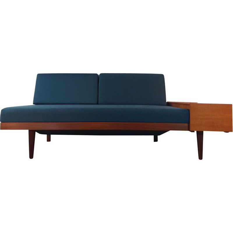 Vintage Noorse teak en blauwe stoffen bank, 1960