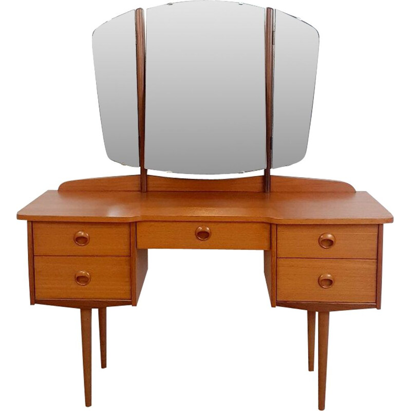 Scandinavian vintage teak dressing table with 3-part swivel mirror