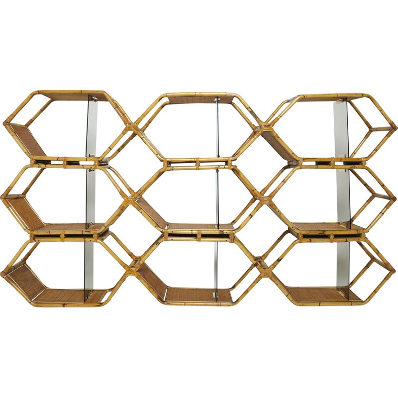 Vintage shelf in bamboo and brass by Purini and Mariani Vivai del Sud, 1976