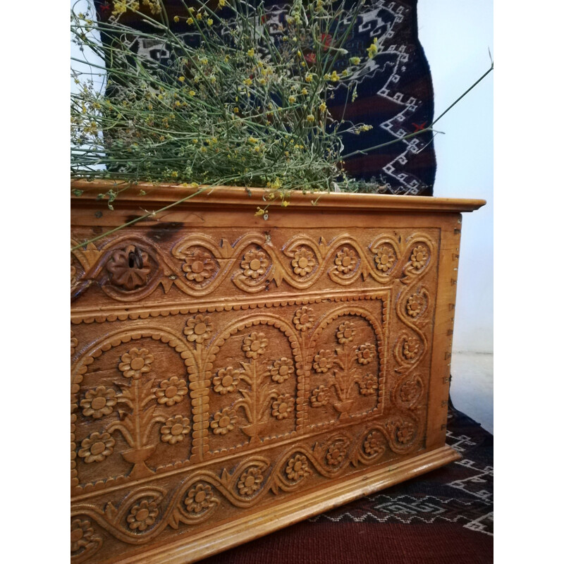 Sardinian vintage trunk in engraved linden wood, 1930s