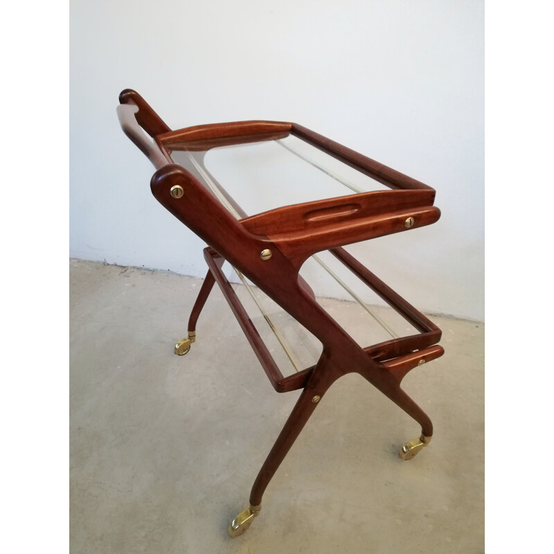 Vintage wooden bar cart with sliding trays by Cesare Lacca, 1950