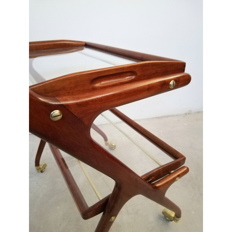 Vintage wooden bar cart with sliding trays by Cesare Lacca, 1950