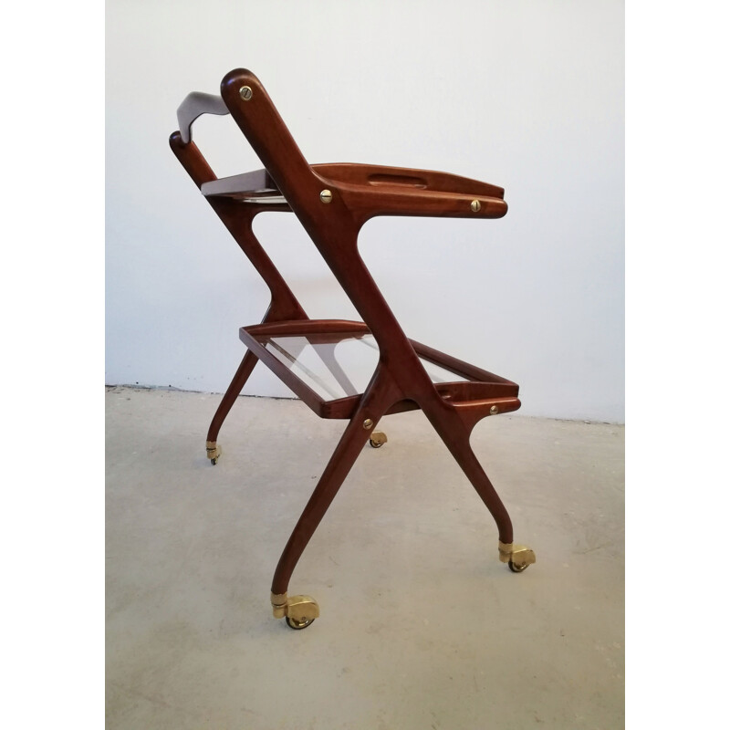 Vintage wooden bar cart with sliding trays by Cesare Lacca, 1950