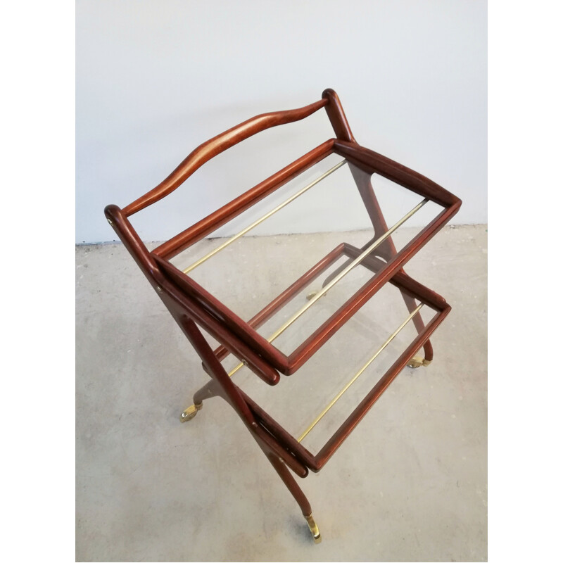 Vintage wooden bar cart with sliding trays by Cesare Lacca, 1950