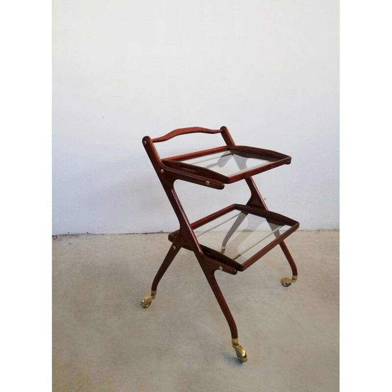 Vintage wooden bar cart with sliding trays by Cesare Lacca, 1950