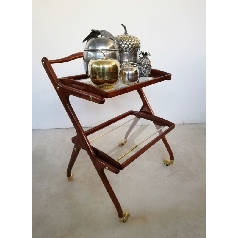Vintage wooden bar cart with sliding trays by Cesare Lacca, 1950