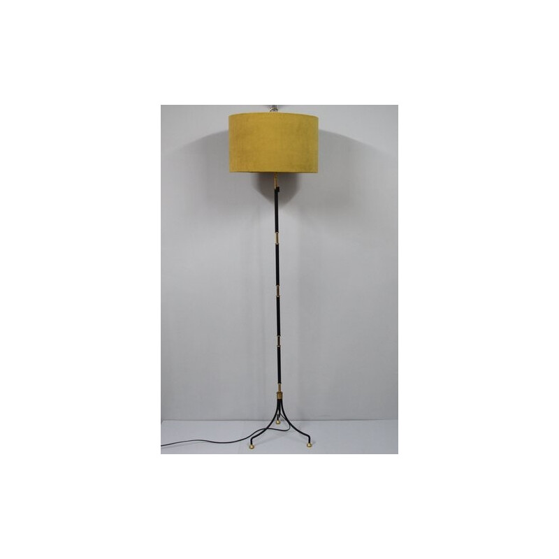 Ochre yellow floor lamp in lacquered iron and velvet - 1950s