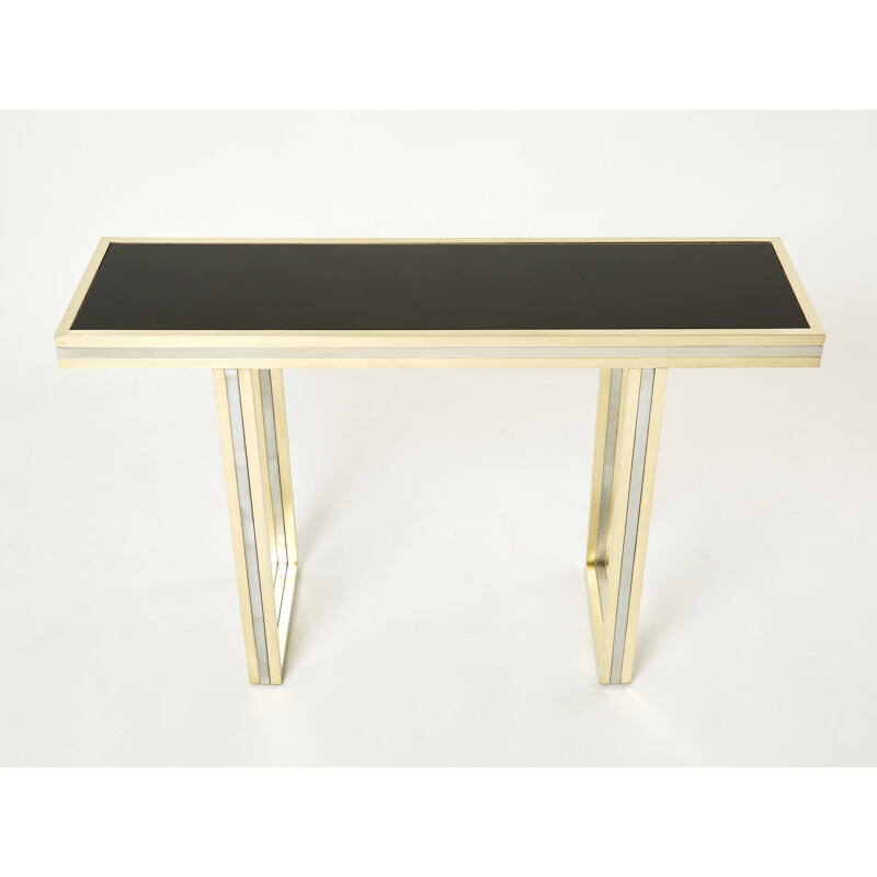 Vintage brass and black opal glass console by Romeo Rega, 1970