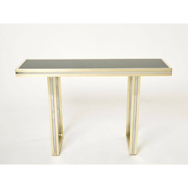 Vintage brass and black opal glass console by Romeo Rega, 1970