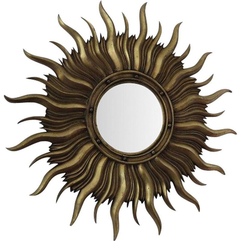 Miroir soleil vintage bombé en résine dorée, Italie 1960