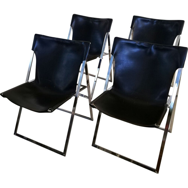 Set of 4 vintage leather folding chairs by Marcello Cuneo for Amar, 1970