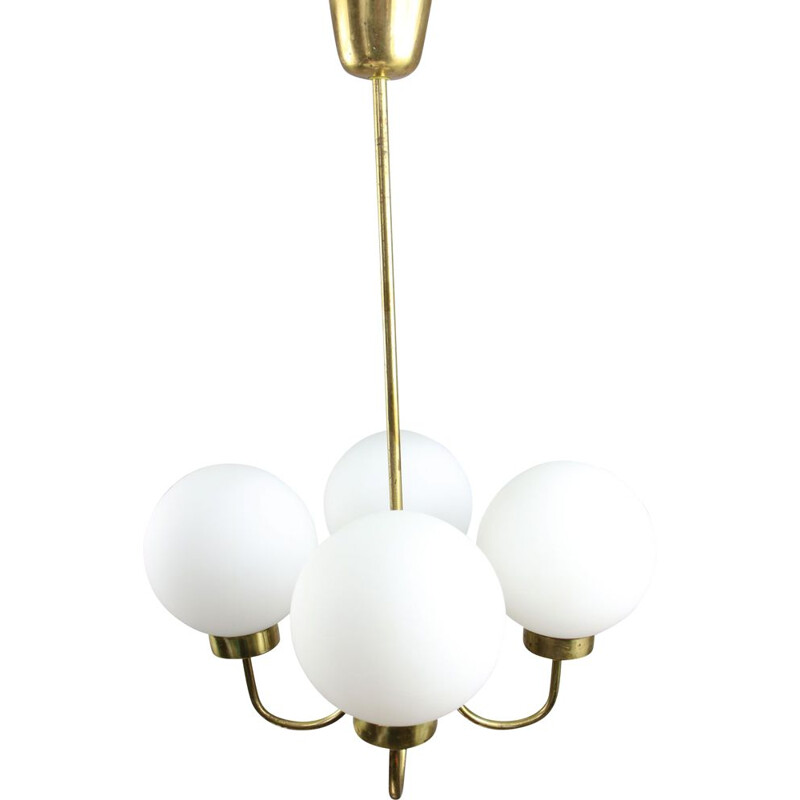 Mid-century brass and opaline glass chandelier