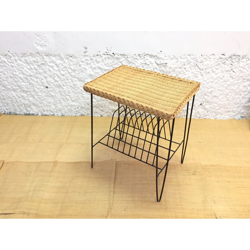 Mid-century rattan and metal vinyl table - 1960s