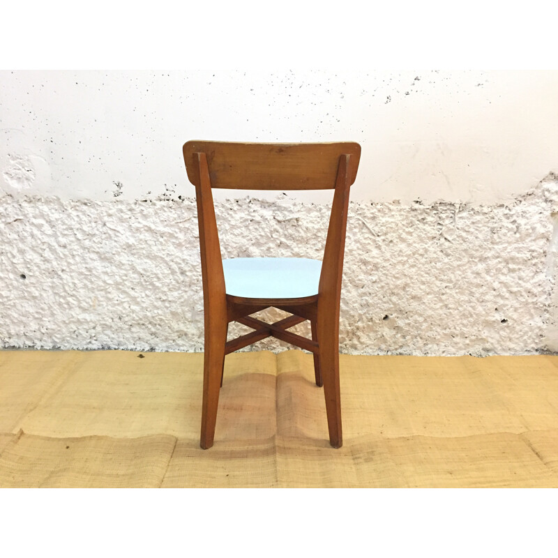 Bistro chair in wood and blue formica - 1960s