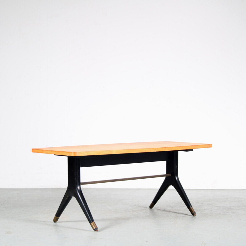 Vintage wood and brass coffee table, Italy 1950