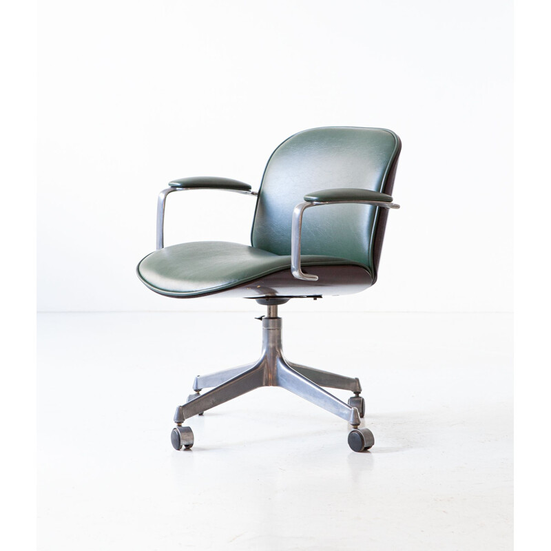 Vintage swivel desk chair in green skai and walnut by Ico Parisi for Mim Roma, 1950s