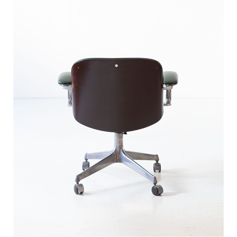 Vintage swivel desk chair in green skai and walnut by Ico Parisi for Mim Roma, 1950s