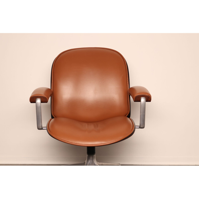 Vintage swivel office armchair on wheels in cognac leather & rosewood by Ico Parisi for Mim, Italy 1960s