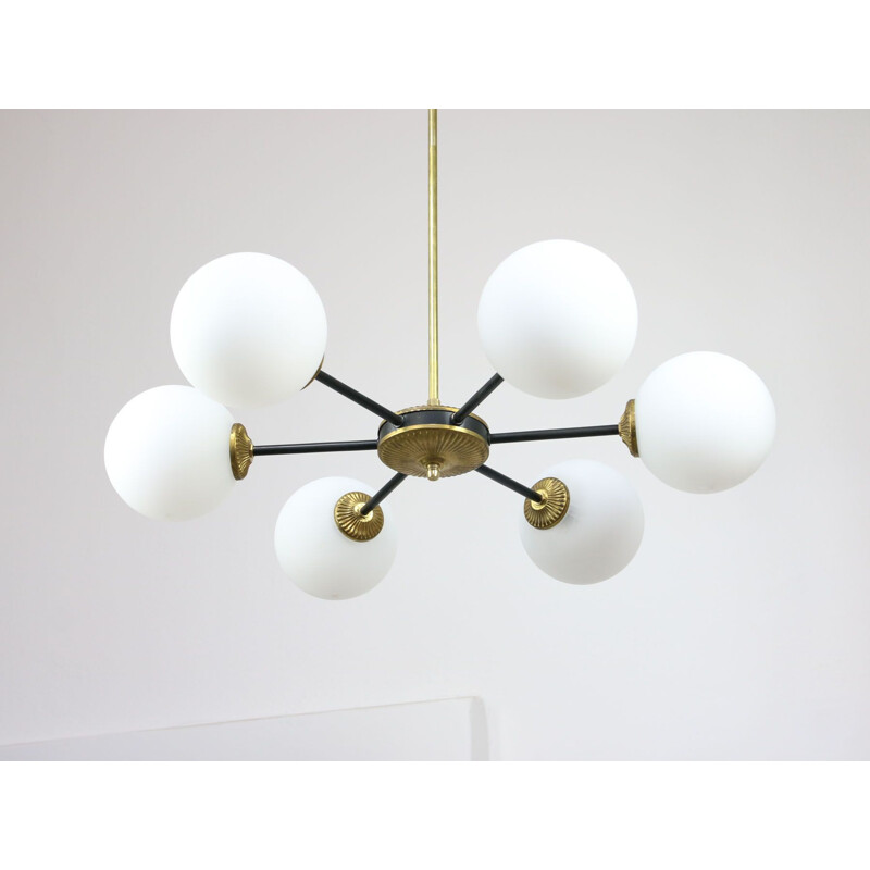 Mid-century sputnik brass and opaline glass chandelier