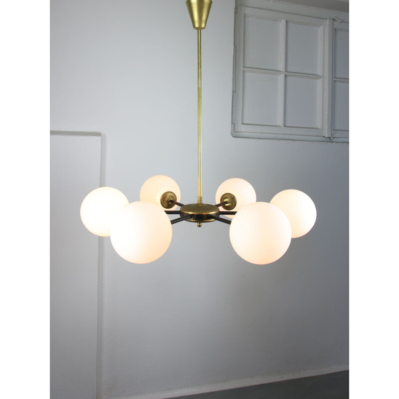 Mid-century sputnik brass and opaline glass chandelier