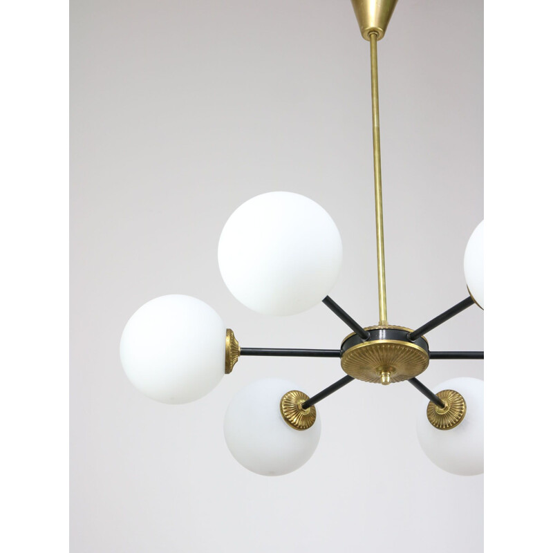 Mid-century sputnik brass and opaline glass chandelier