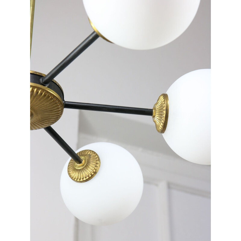 Mid-century sputnik brass and opaline glass chandelier