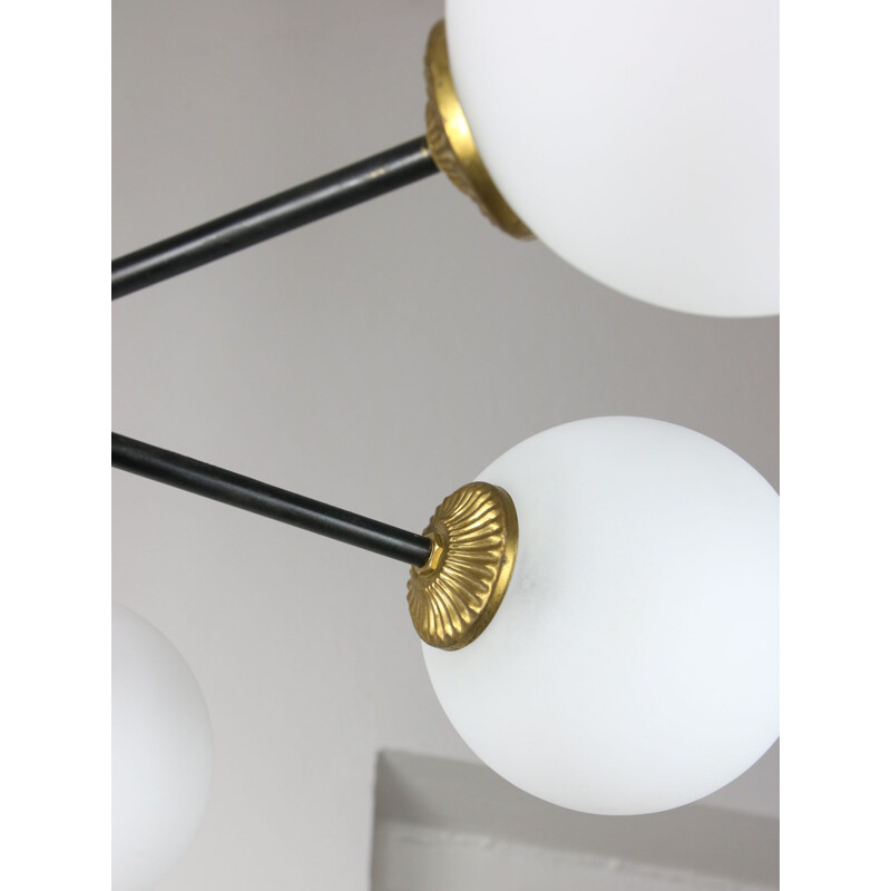 Mid-century sputnik brass and opaline glass chandelier