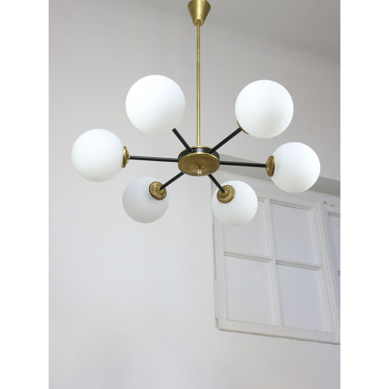 Mid-century sputnik brass and opaline glass chandelier