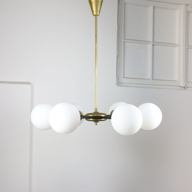 Mid-century sputnik brass and opaline glass chandelier