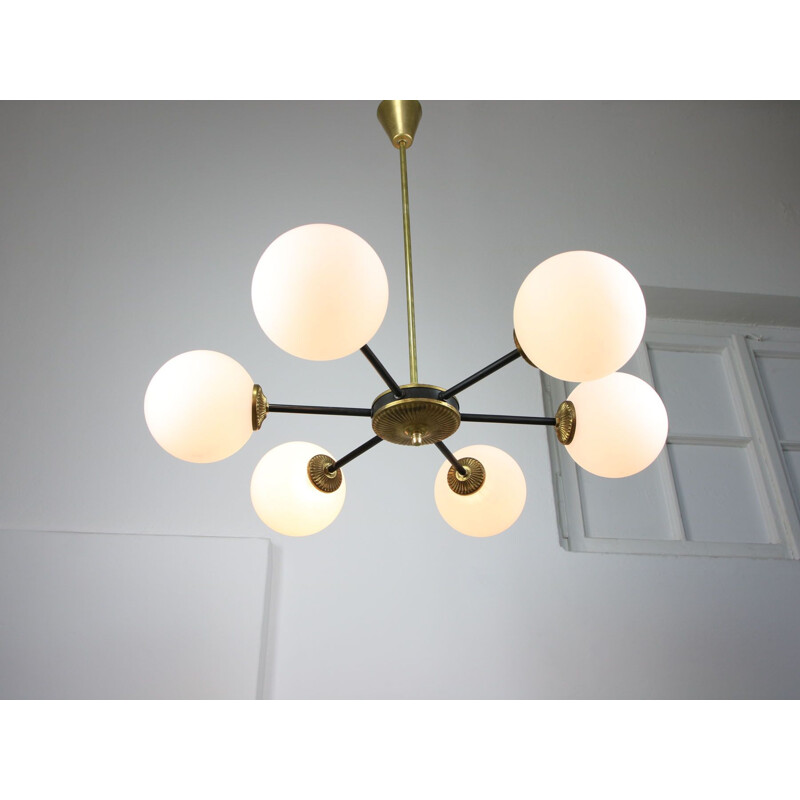 Mid-century sputnik brass and opaline glass chandelier