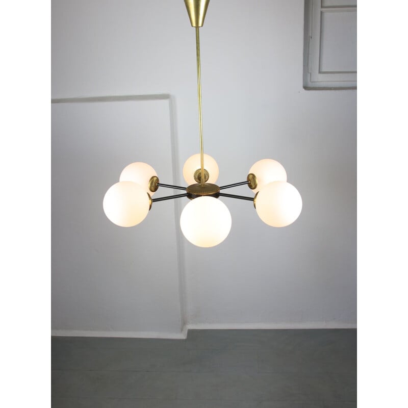 Mid-century sputnik brass and opaline glass chandelier