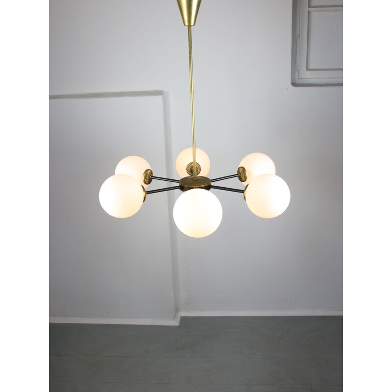 Mid-century sputnik brass and opaline glass chandelier