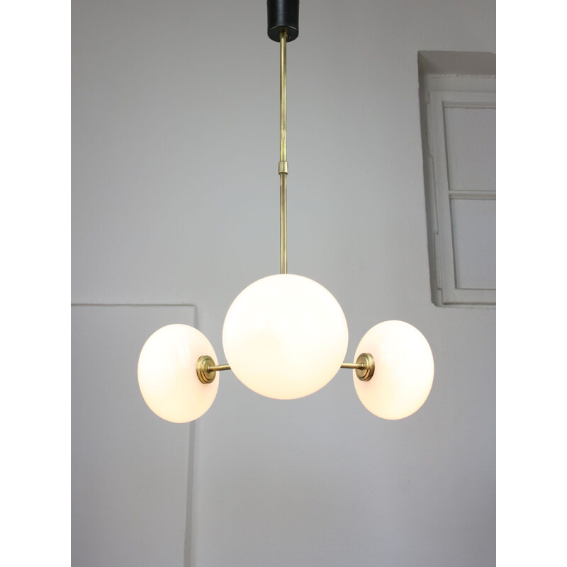 Mid-century brass and opaline glass chandelier