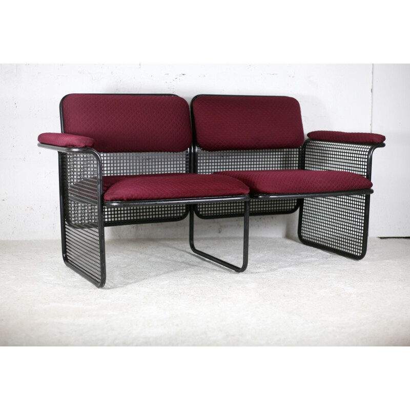 Vintage black honeycomb steel sofa with burgundy fabric, Italy 1970