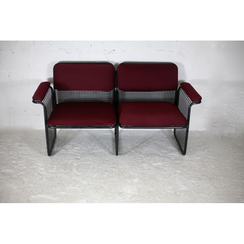 Vintage black honeycomb steel sofa with burgundy fabric, Italy 1970