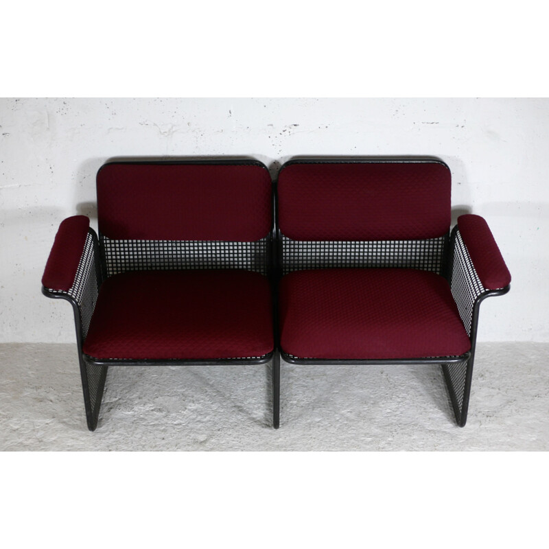 Vintage black honeycomb steel sofa with burgundy fabric, Italy 1970