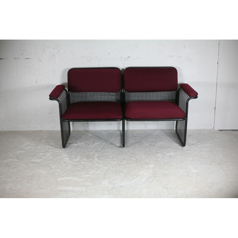 Vintage black honeycomb steel sofa with burgundy fabric, Italy 1970