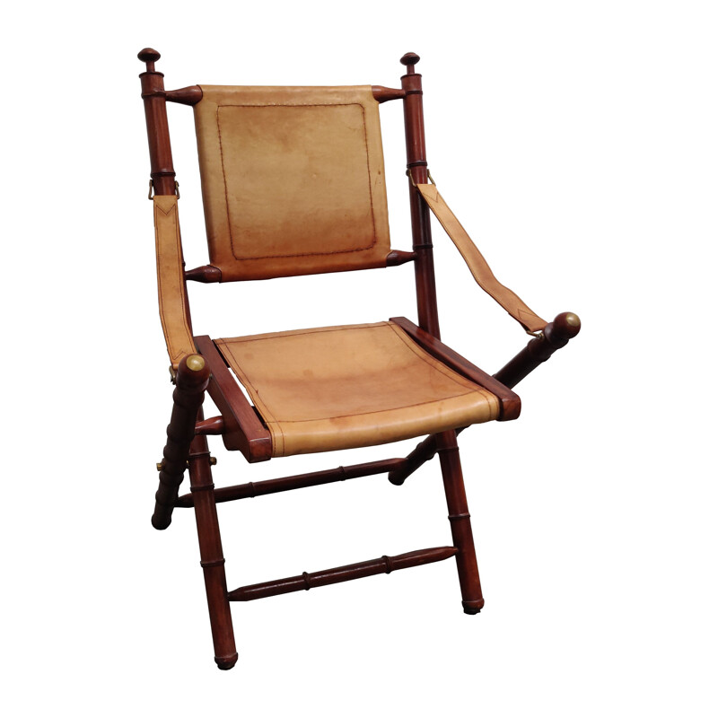 Cadeira de braços dobrável em teca Vintage e safari de couro, 1960