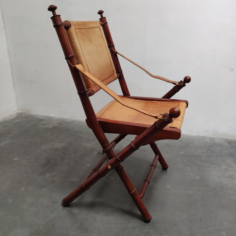 Vintage teak and leather safari folding armchair, 1960s