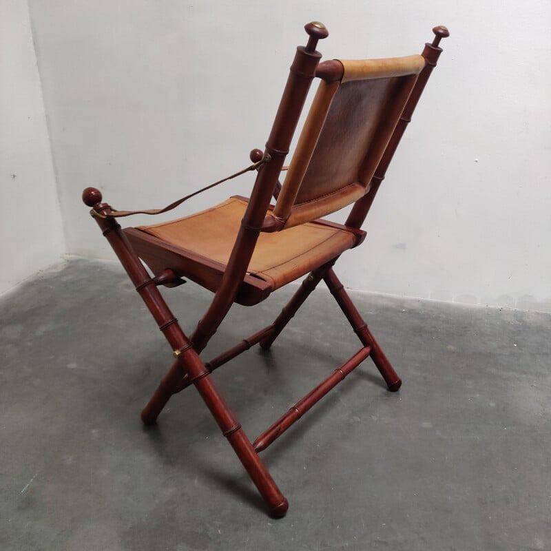 Vintage teak and leather safari folding armchair, 1960s