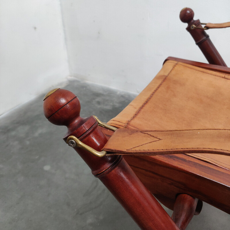 Vintage teak and leather safari folding armchair, 1960s