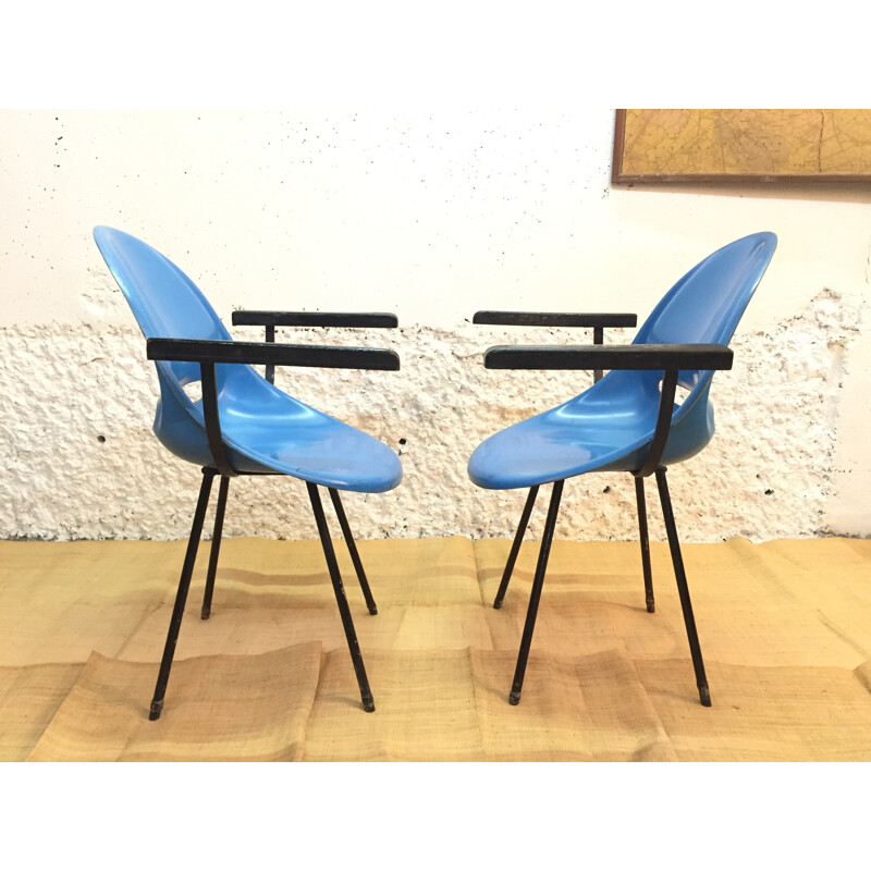 Paire de chaises design Vertex en fibre de verre bleue, Miroslav NAVRATIL - 1950