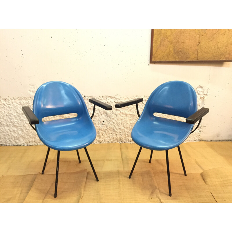 Paire de chaises design Vertex en fibre de verre bleue, Miroslav NAVRATIL - 1950