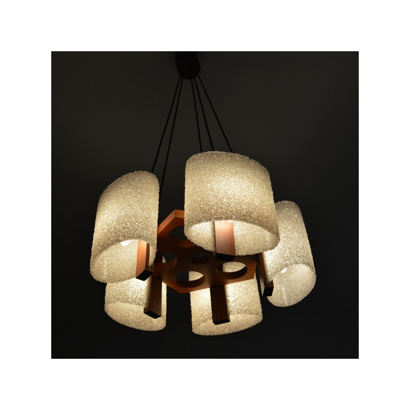 Mid Century chandelier in teak and perspex - 1960s