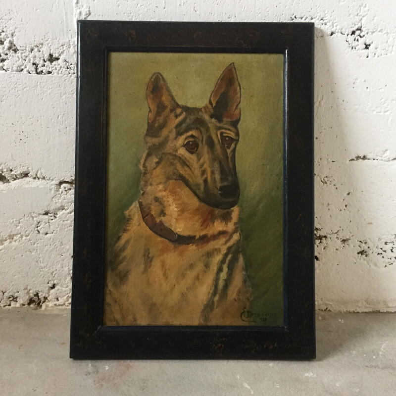 Vintage painting "portrait chien" by E.Desdevises, 1928
