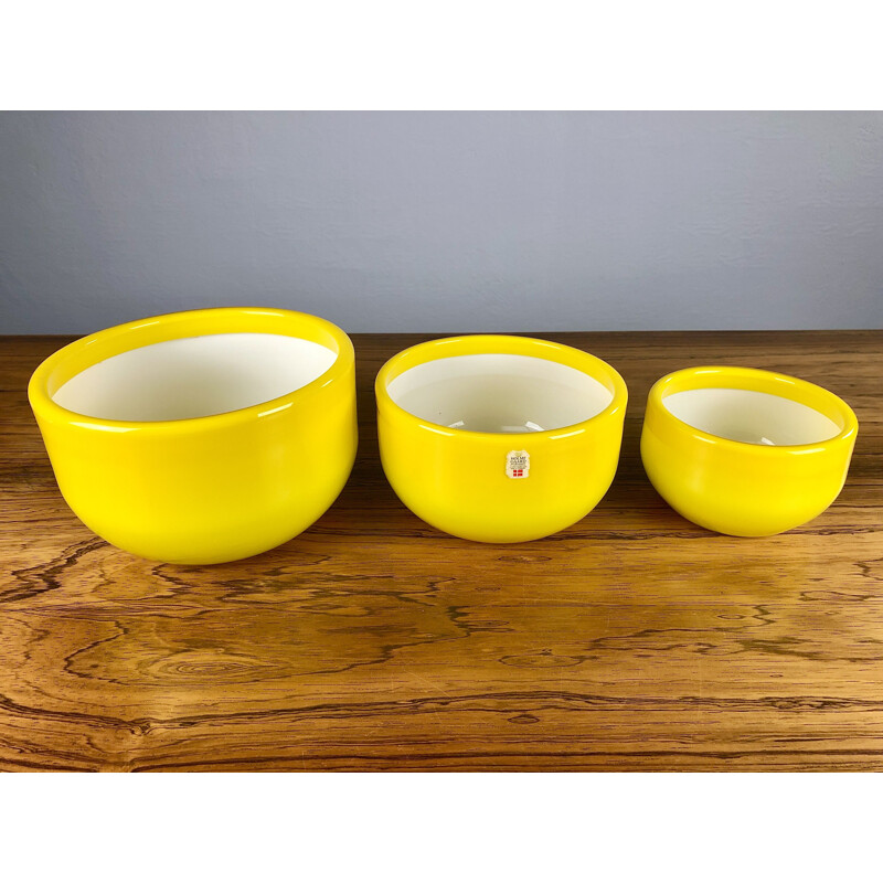 Set of 3 vintage Danish yellow bowls in glass by Michael Bang for Holmegaard, 1970s